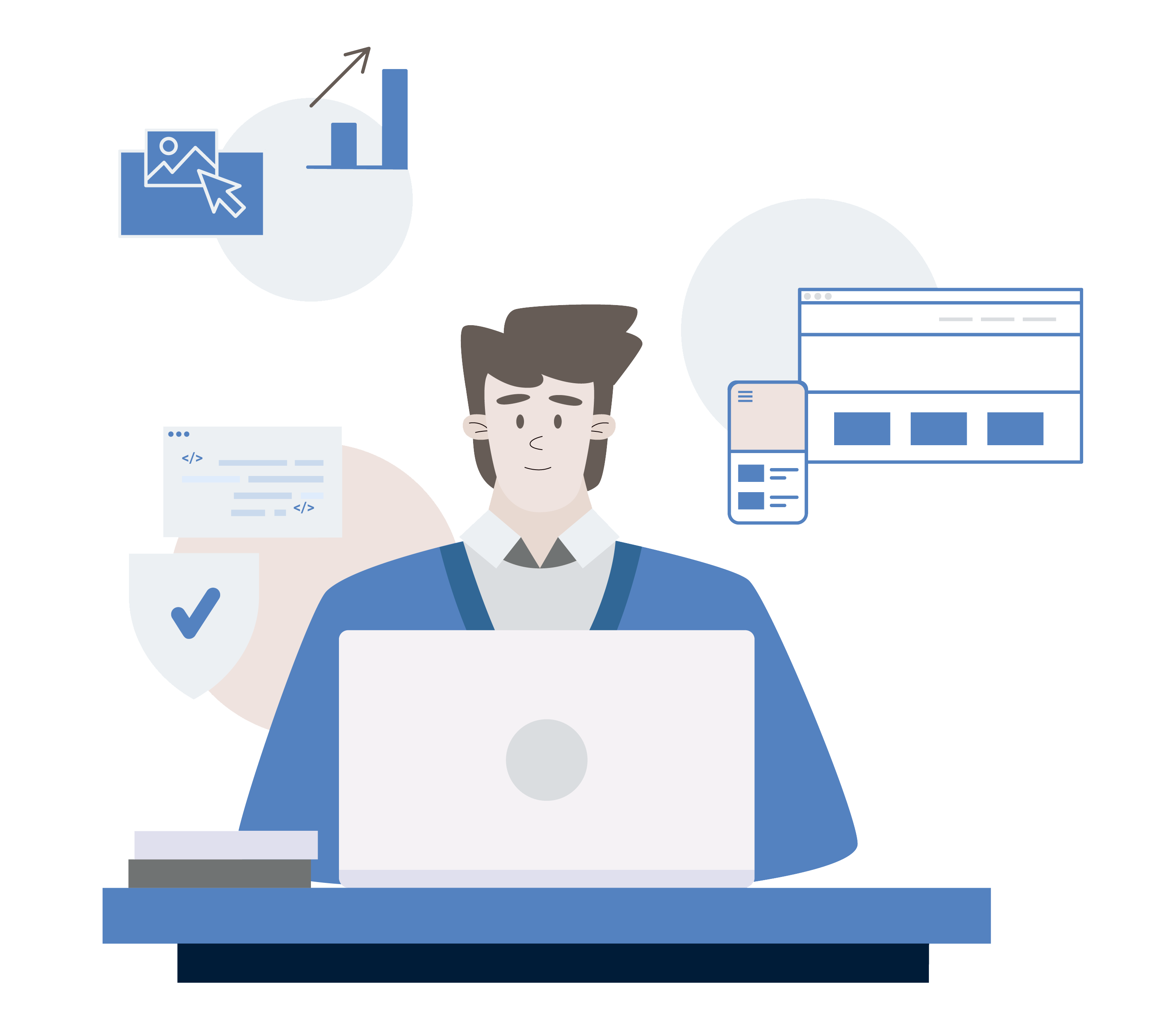 Illustration of a person sitting at a desk with a laptop, surrounded by icons. There's a bar chart, image with a cursor, code snippet, a checkmark on a shield, and a web browser window. The person appears focused, wearing a blue sweater over a white shirt.