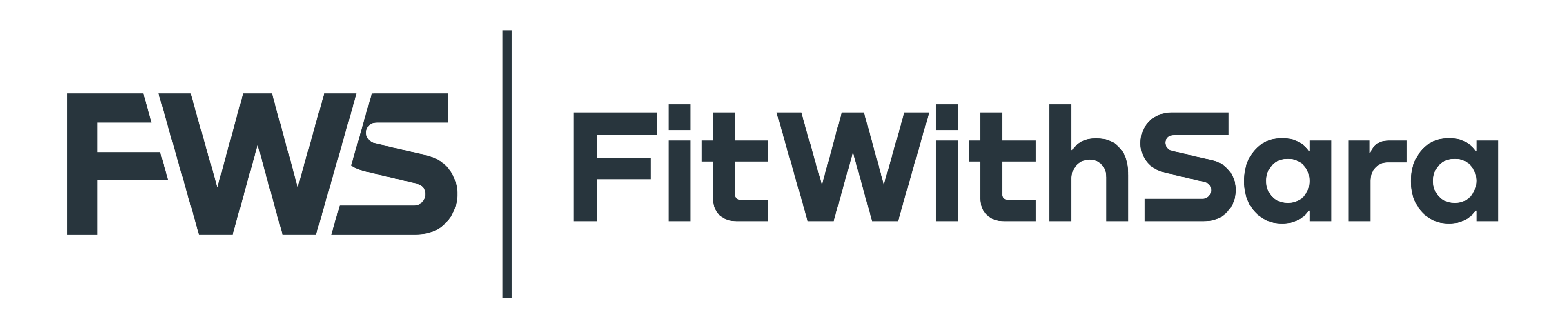 Logo with bold, dark text. On the left, the initials "FWS" appear in a modern, stylized font, separated by a vertical line from the words "FitWithSara" in a clean, sans-serif typeface on the right, all on a transparent background.