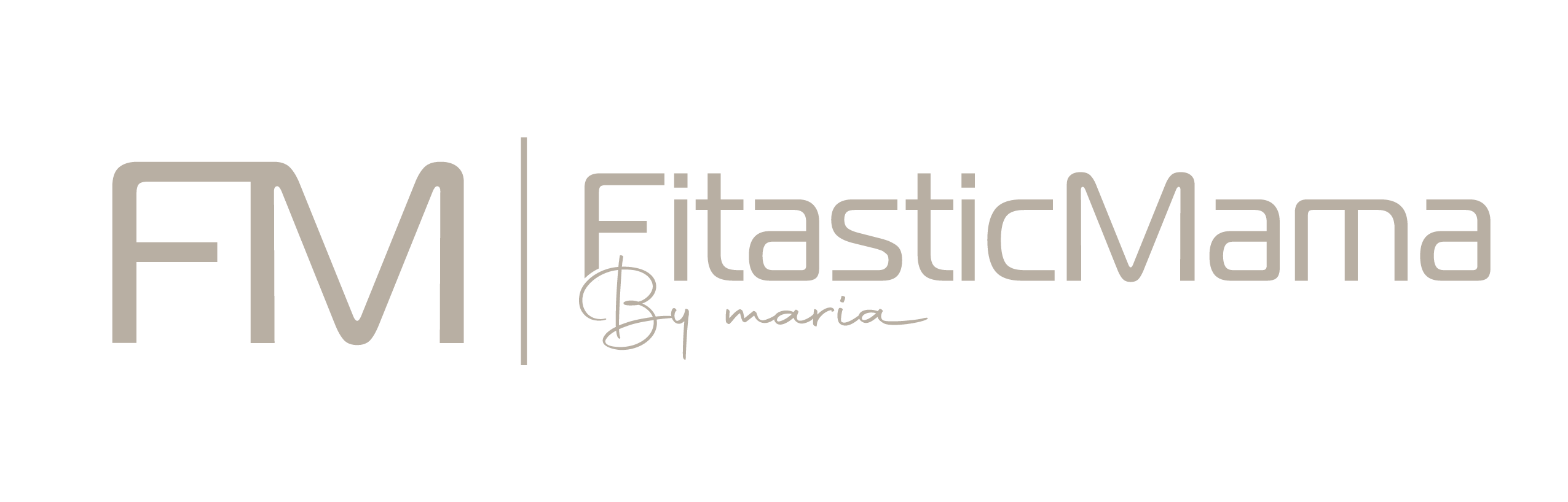 Logo with "FM" in large, modern beige letters, a vertical line, then "FitasticMama" in similar font. Below "FitasticMama" is "By maria" in script. Background is light gray, creating a clean and minimalist design.